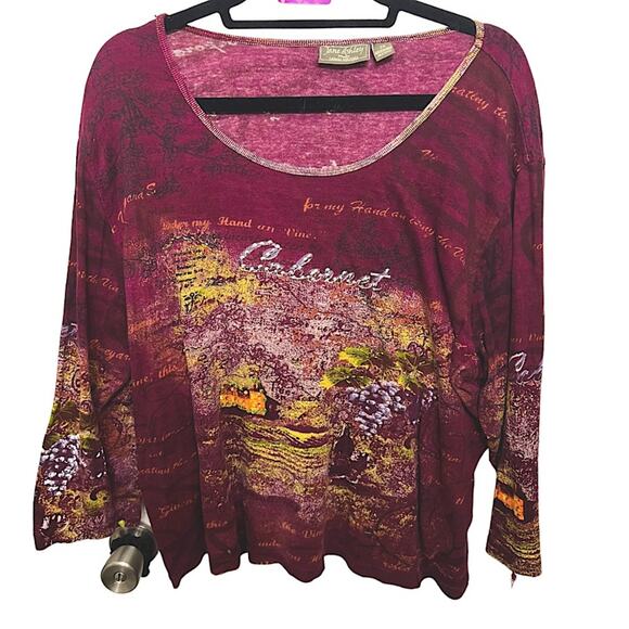 Vintage Y2K Long Sleeve Winery Scenery Maroon Burgundy Graphic Tee Shirt - Picture 1 of 5